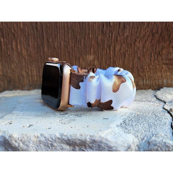 Brown Cow Print Scrunchie Watch Band for Fitbit Sense, Versa 3 2 1, Apple Watch - Picture 1 of 8